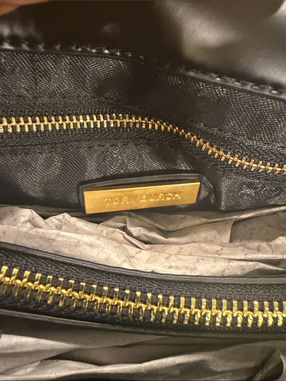 Tory Burch Black Quilted Leather Shoulder Bag with Gold Logo Chain